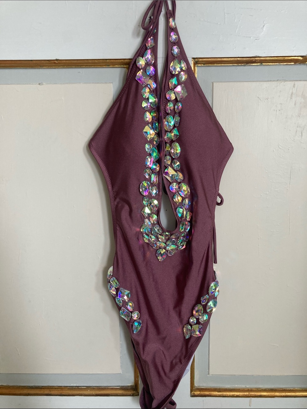 Embellished Plum Halter Swim Bodysuit with Iridescent Gems
